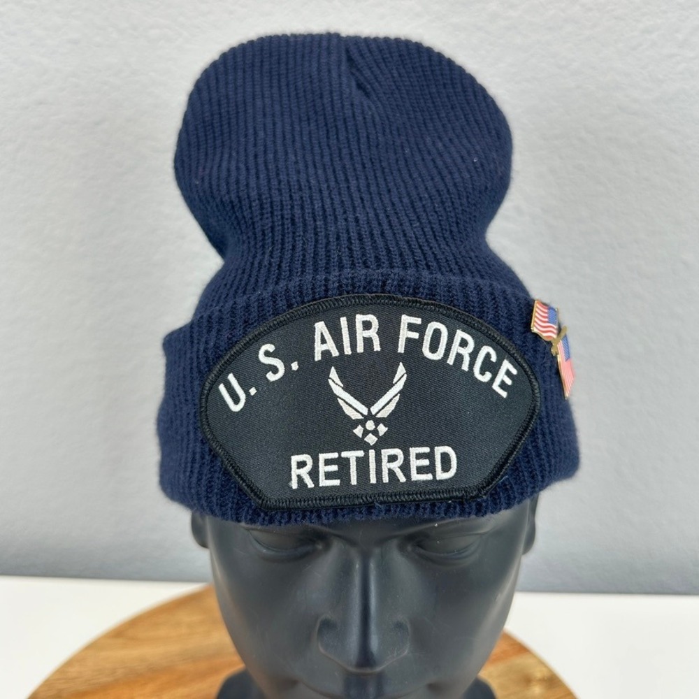 Decky US Air Force Retired Beanie Navy‎ Blue Knit Hat Military Veteran Pin USA
